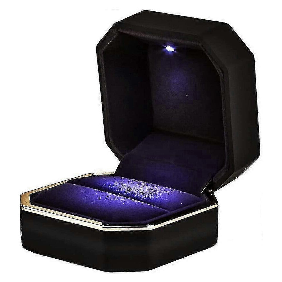 (As show, One size) Ring Box Case With Led Light Square Black Jewelry Display Gift Box For Proposal Engagement Wedding