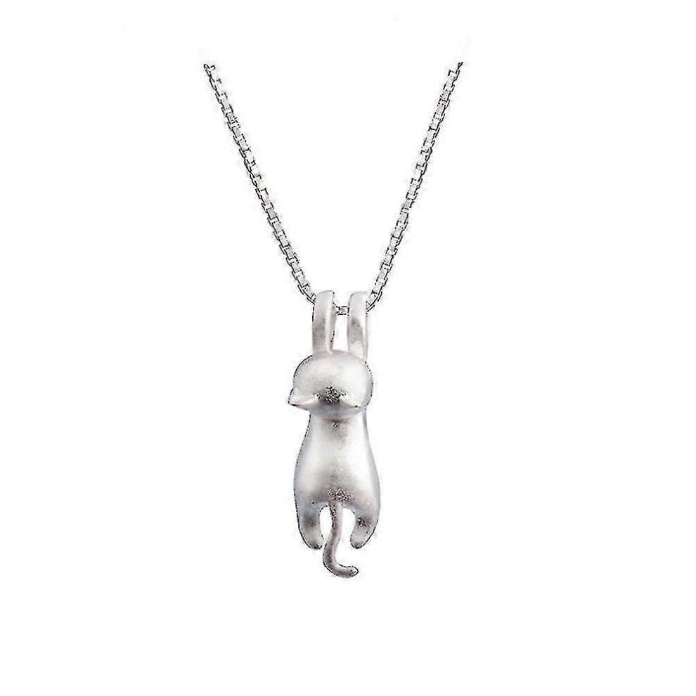 (As show, One size) S925 Sterling Silver Cat Necklace Matte Silver Cat Pendant Collarbone Necklace