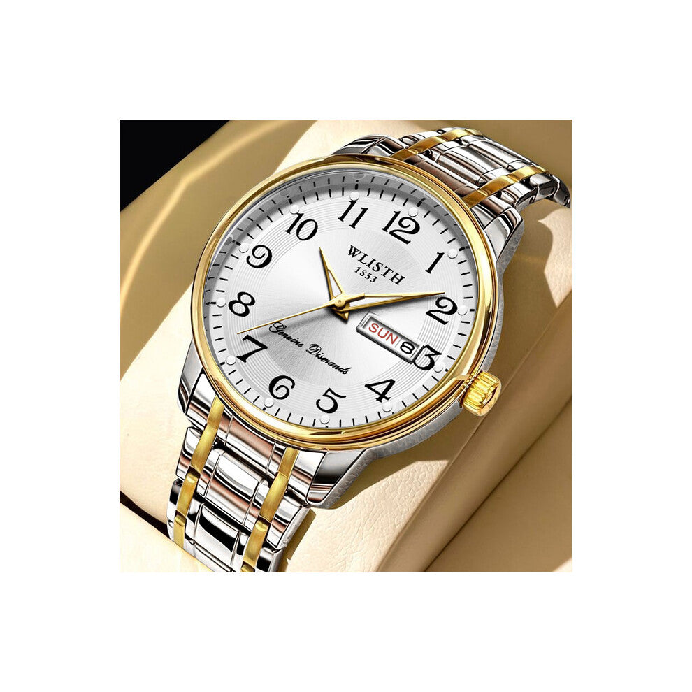 (White face with golden bands) Middle-aged and elderly men's watches, men's watches with large numbers, waterproof quartz watches, senior watches