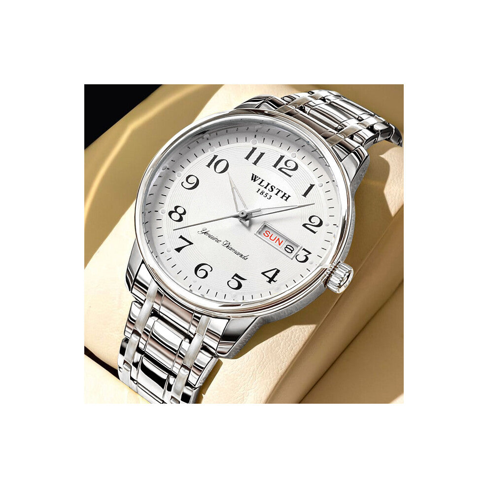(White face and silver ribbon) Middle-aged and elderly men's watches, men's watches with large numbers, waterproof quartz watches, senior watches