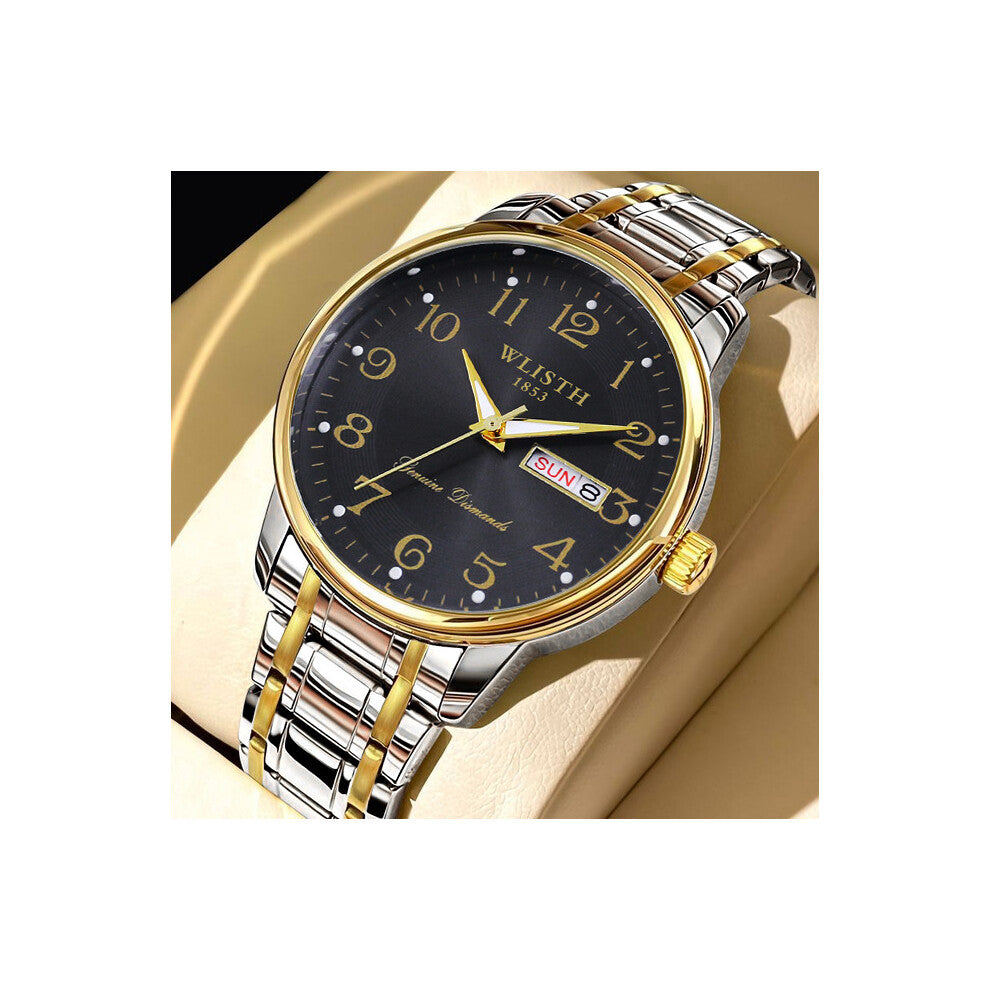 (Black face with golden bands) Middle-aged and elderly men's watches, men's watches with large numbers, waterproof quartz watches, senior watches