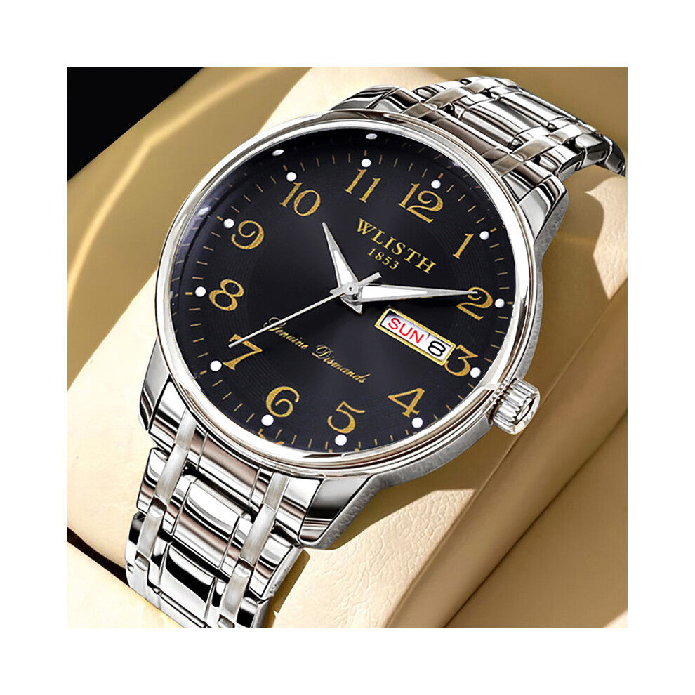 (Black face and silver band) Middle-aged and elderly men's watches, men's watches with large numbers, waterproof quartz watches, senior watches