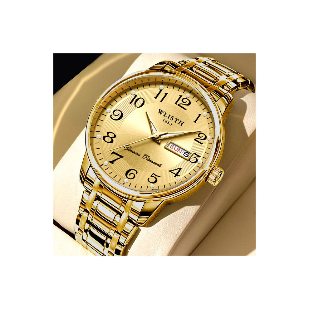 (Gold surface and gold band) Middle-aged and elderly men's watches, men's watches with large numbers, waterproof quartz watches, senior watches