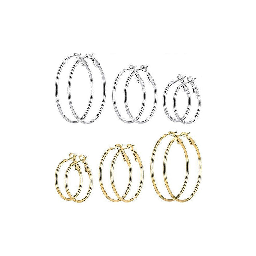 (As show, One size) 6 Pairs of Stainless Steel Gold-Plated Earrings for Women Girls, Anti-Allergy Hoops Women&#39;s Earrings Hoop Earrings Set (30.40.