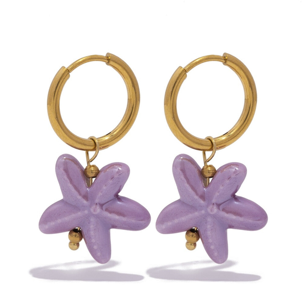 (purple) Ceramic Dopamine Starfish Earrings for Women Colorful Vibrant Pendant Youthful Hypoallergenic Stainless Steel  Jewelry Gift