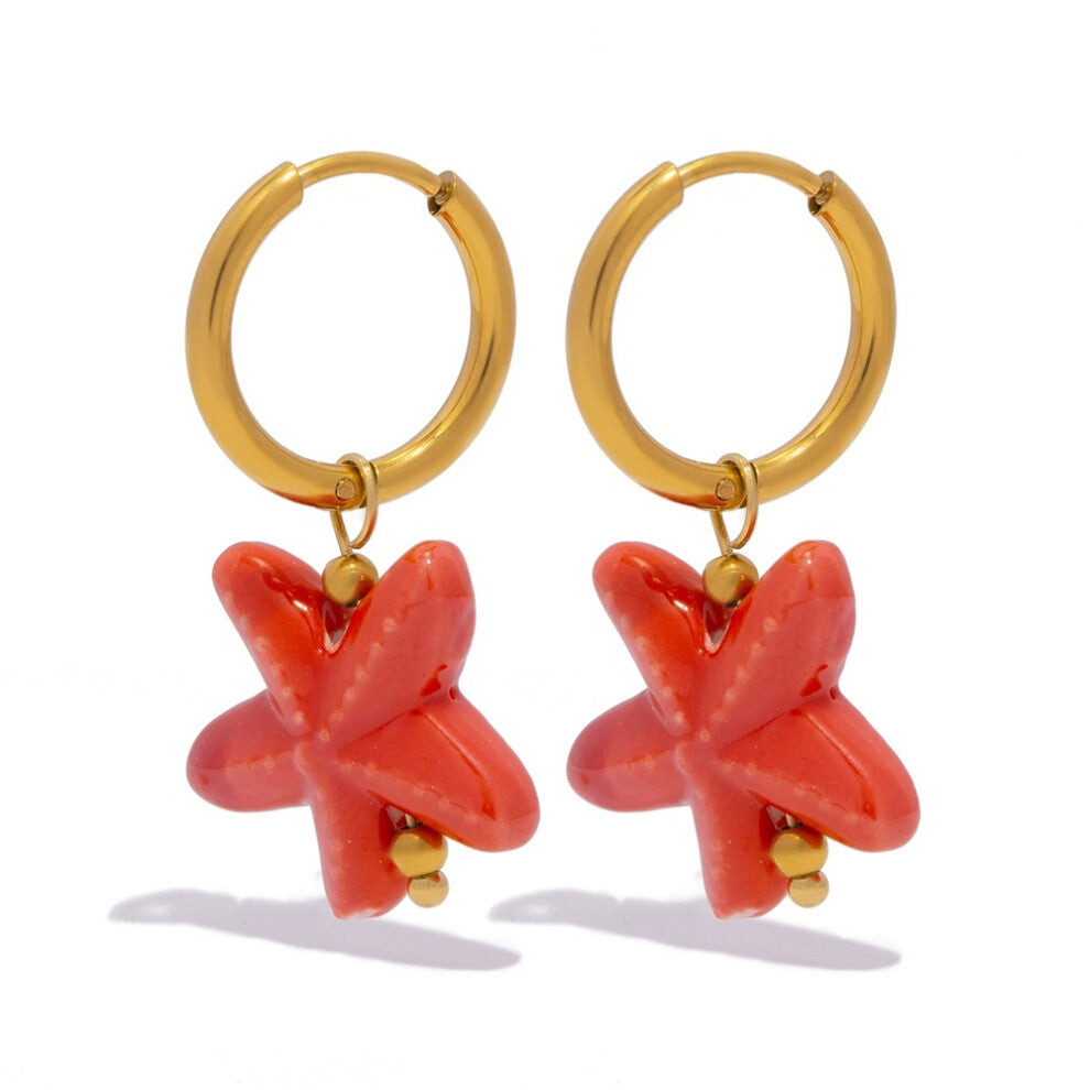 (red) Ceramic Dopamine Starfish Earrings for Women Colorful Vibrant Pendant Youthful Hypoallergenic Stainless Steel  Jewelry Gift