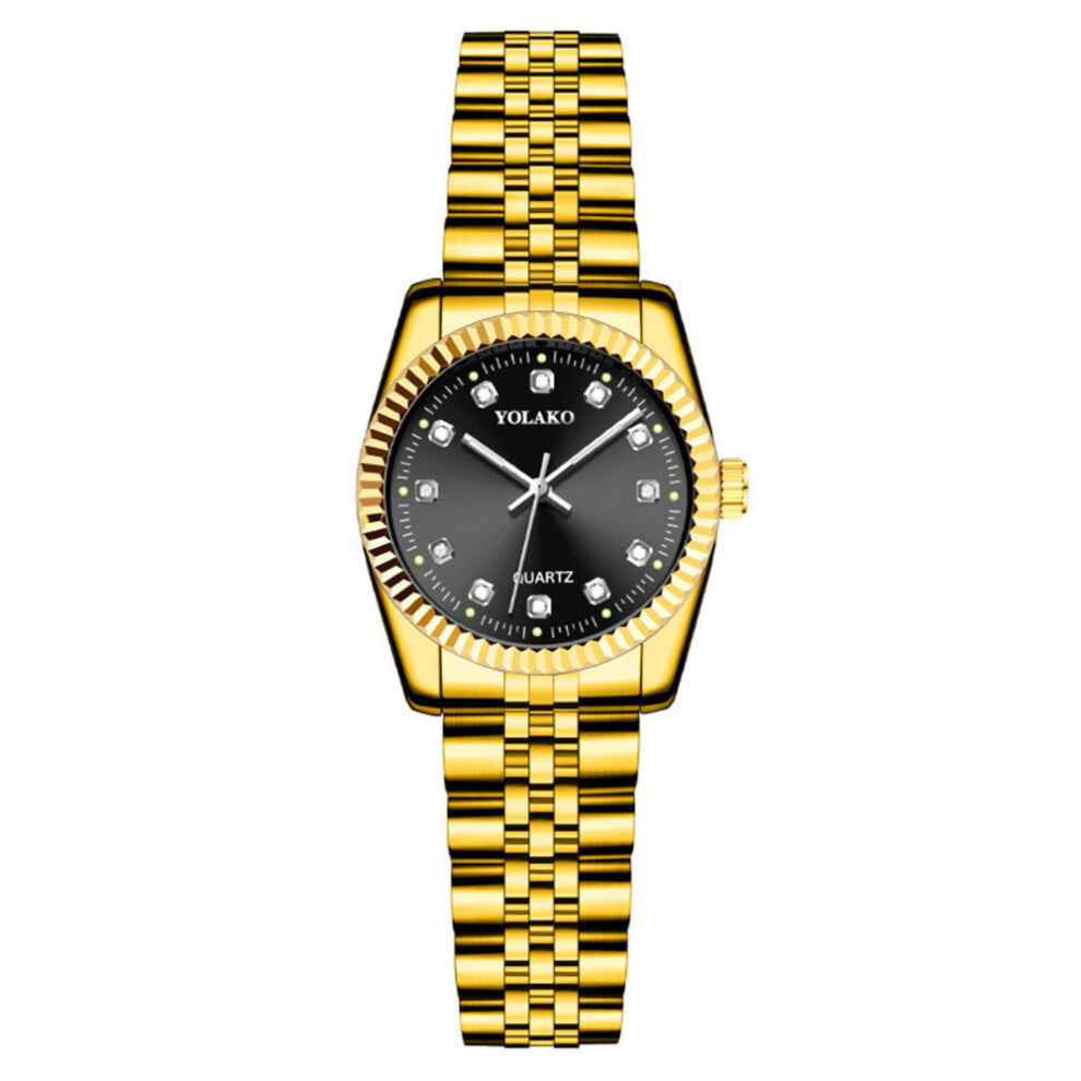 (A small trumpet with gold bands and black faces) Simple and casual student fashion quartz gold suit men's watch couple