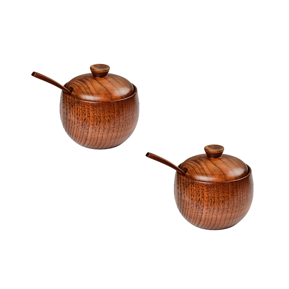 2 Pcs Wood Spice Jar with Wooden Lid and Spoon Nordic Concise Style Salt Container Bowl Seasoning Box Kitchen Tool
