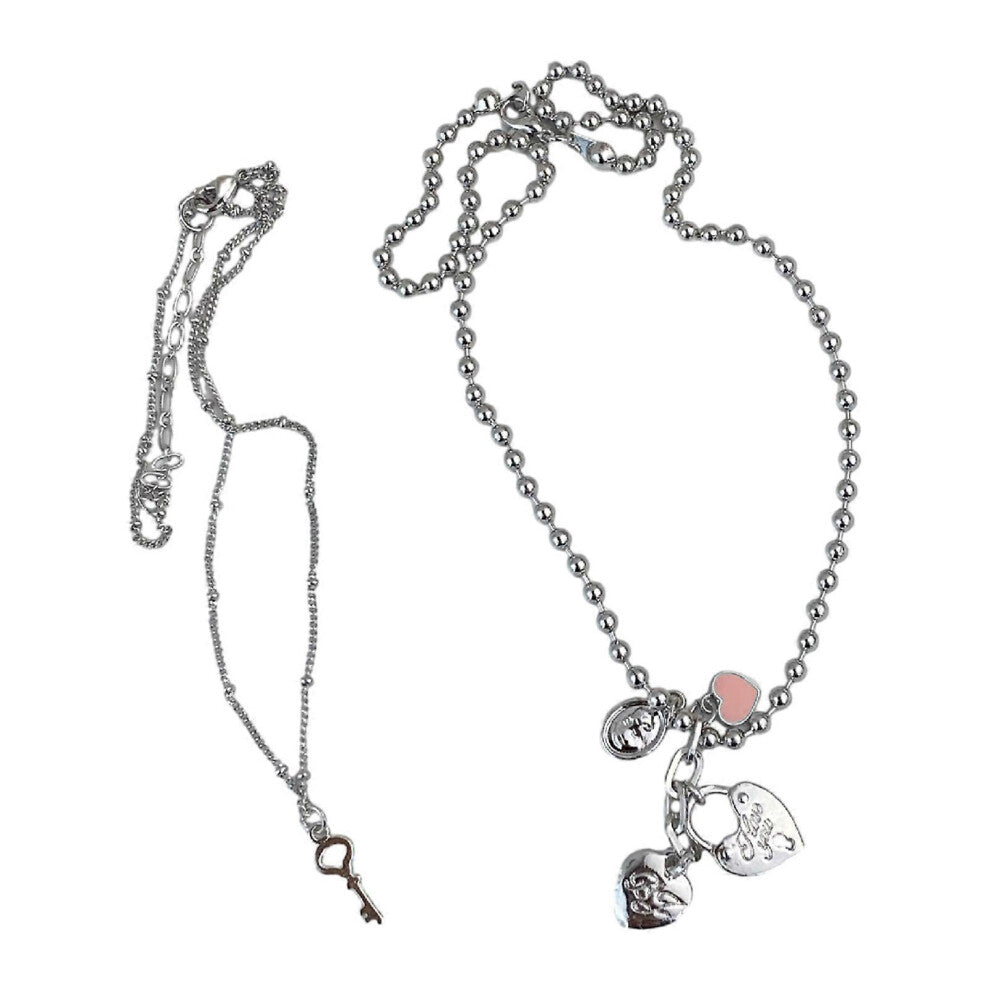 (As show, One size) Set of 2 Heart and Keys Pendant Necklaces Set Heart Chokers Delicate Stainless Steel Collarbone Chain for Women Jewelry