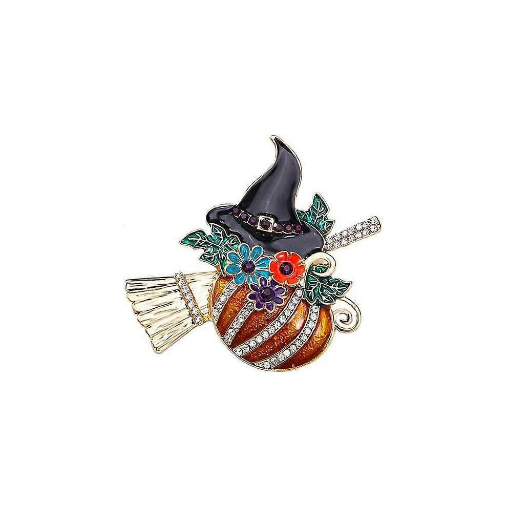 Pumpkin Witch Hat Brooch Pin for Women Girls Gold Plated Fashion Enamel Crystal Flower Leaf Broom Halloween Brooches Dainty Dress Accessories Holiday