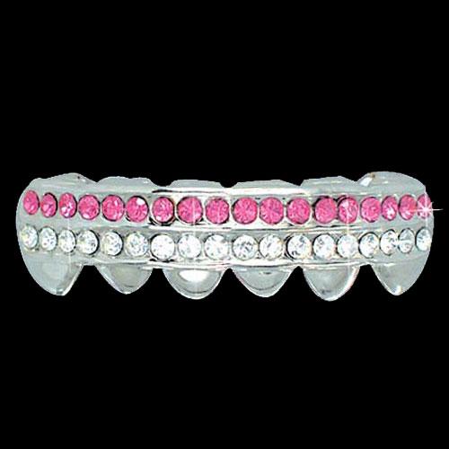 PINK - CLEAR Double Bar SILVER Iced Out Grillz Hip Hop Bling Grills BOTTOM