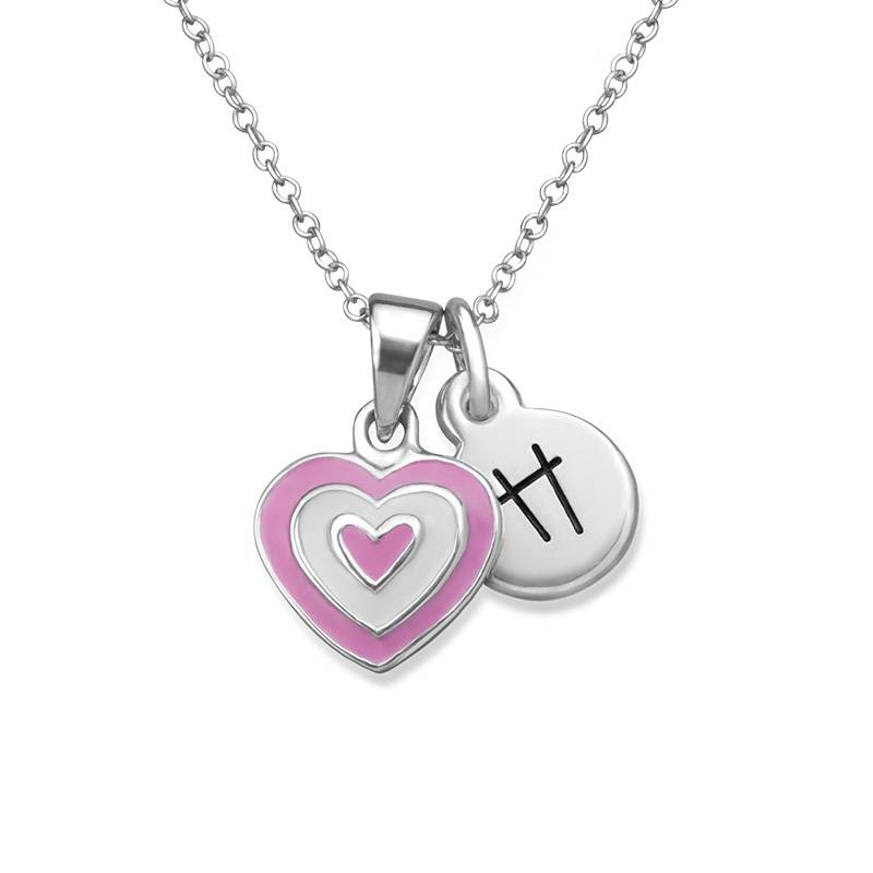 Pink Heart Necklace for Kids with Initial Charm in Sterling Silver