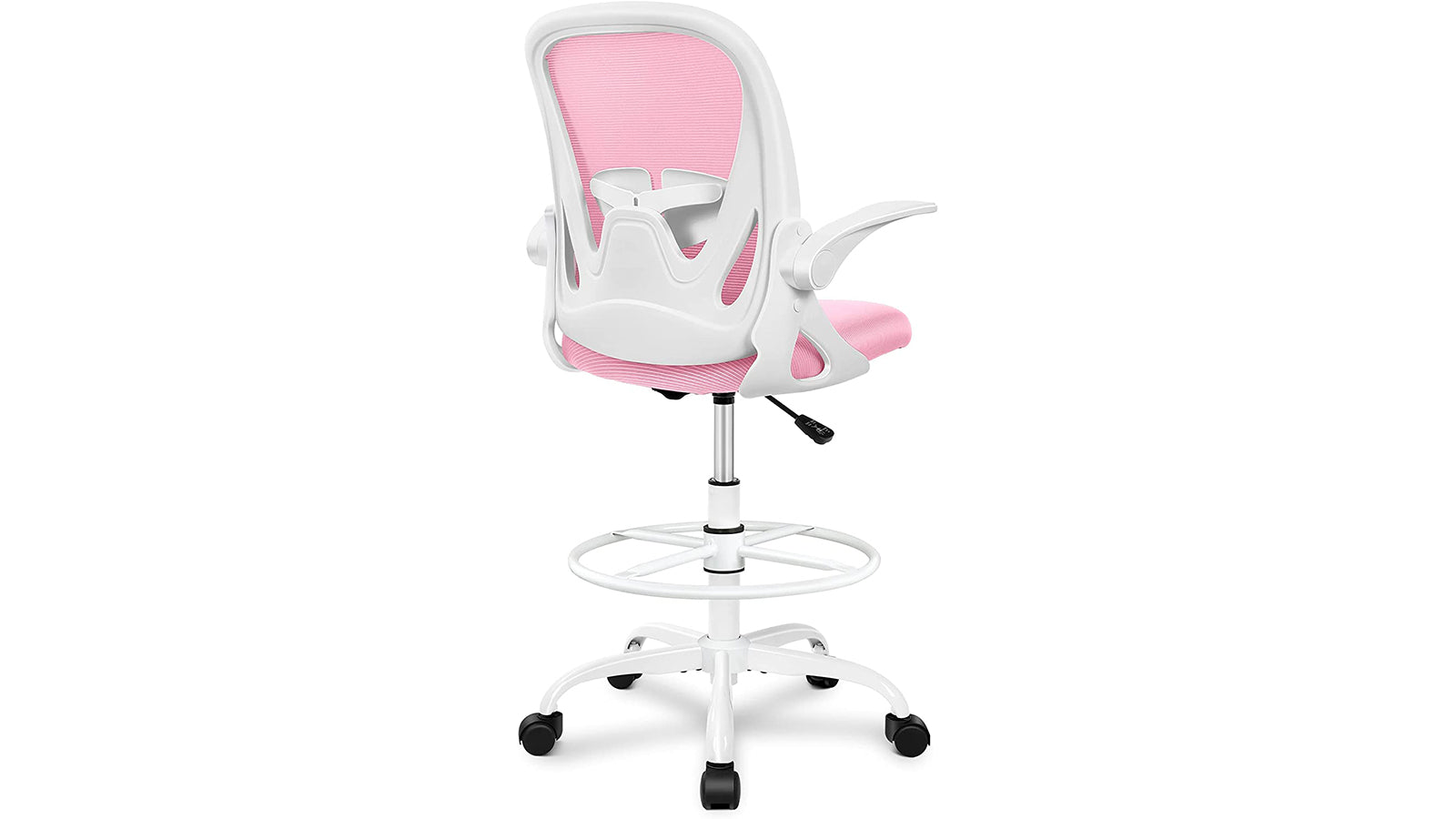 KERDOM Primy Drafting Chair: Foot Ring & Flip-up Arms PINK