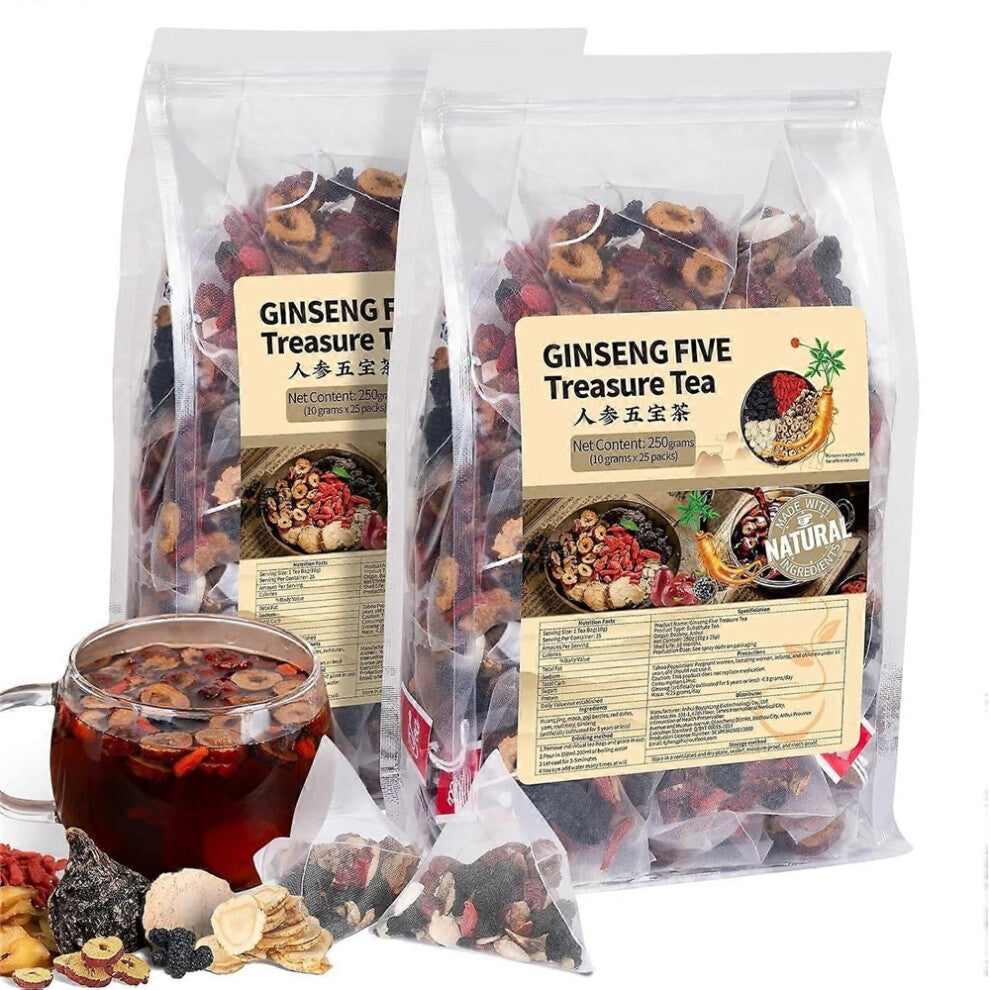 (2Pack-50 Bags) Ginseng Five Treasures Tea Kidney Nourishing Tea Chinese Herbal Tea Making Natural Organic Precious Medicinal Materials Male and Femal