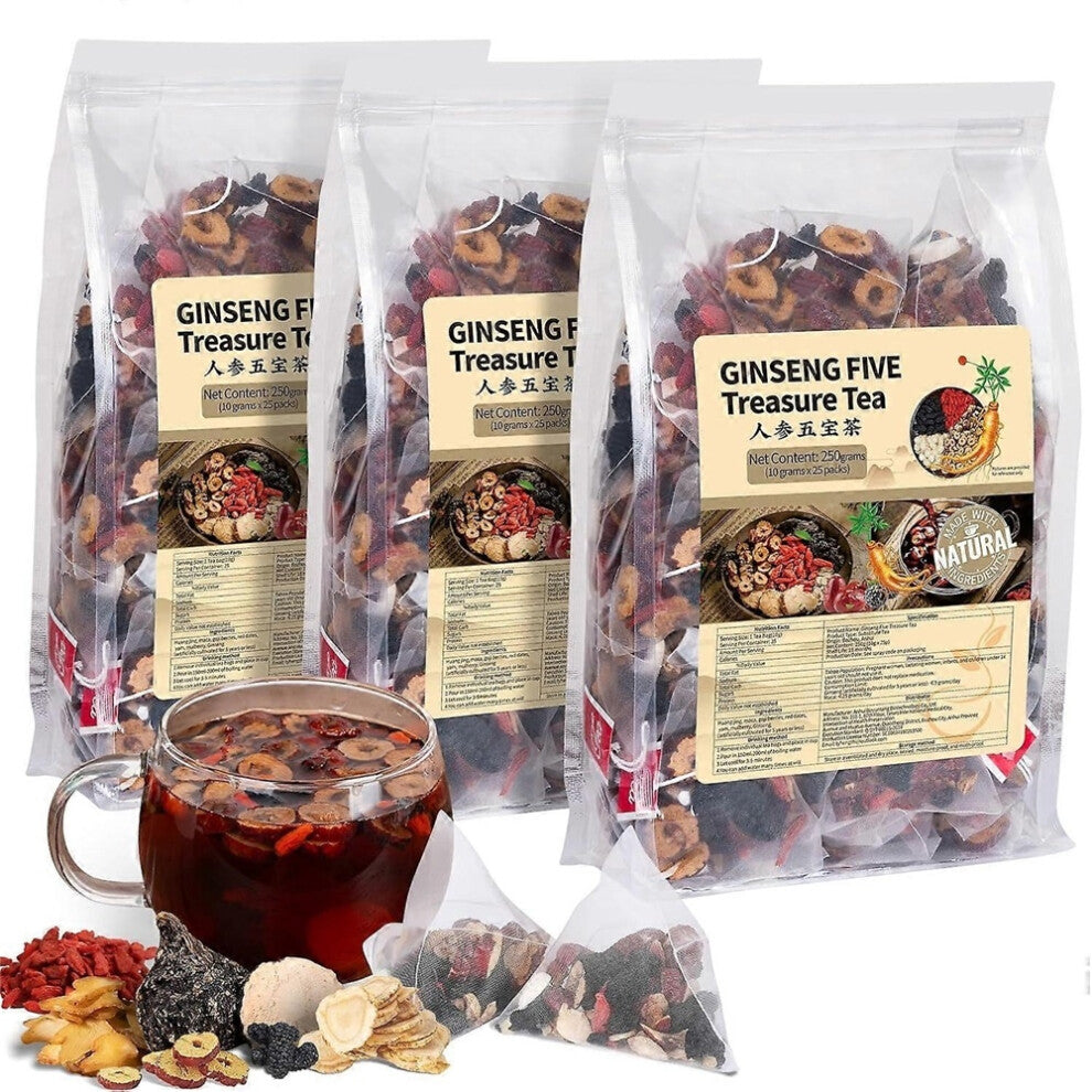 (3 Pack-75 Bags) Ginseng Five Treasures Tea Kidney Nourishing Tea Chinese Herbal Tea Making Natural Organic Precious Medicinal Materials Male and Fema