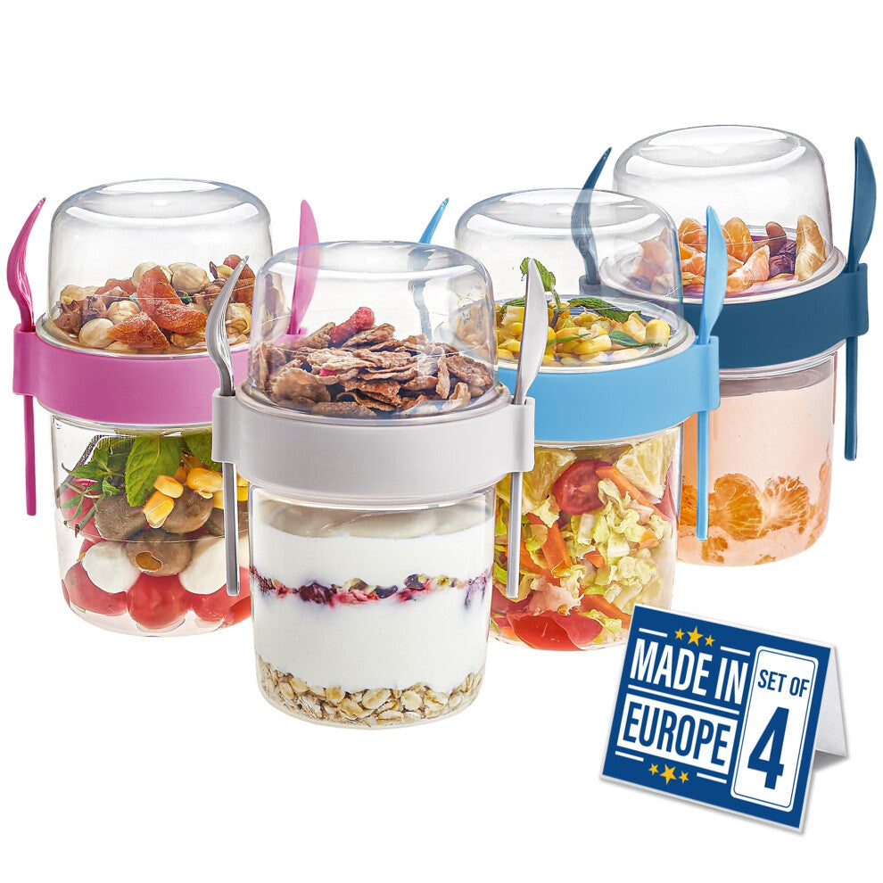 CRYSTALIA Take and Go Yoghurt Pot Set 4 BPA Free Yogurt Pot with Spoon & Fork, Overnight Oats, Dishwasher Safe, Breakfast to Go Muesli To Go Fruit