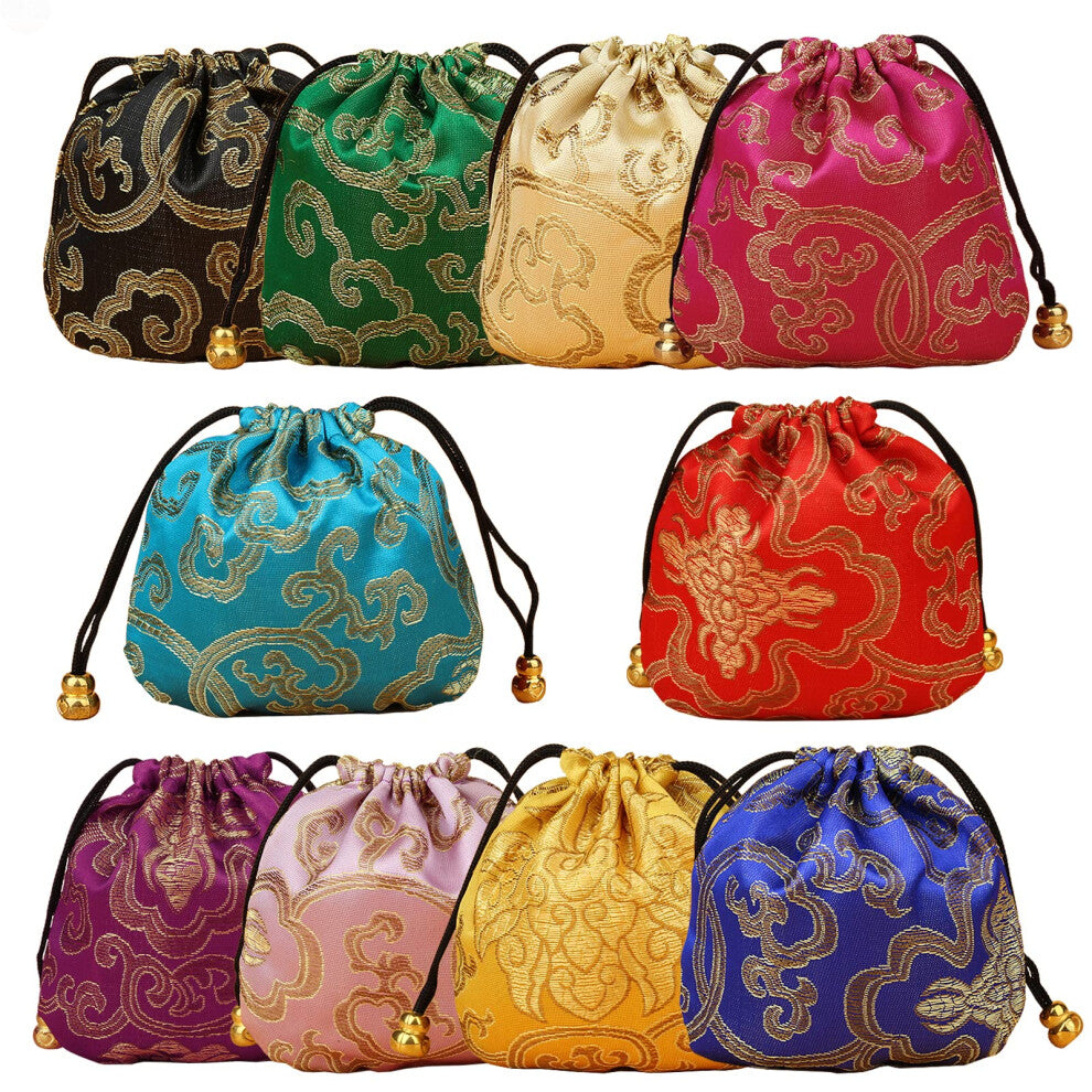 Pack of 10 Silk Jewellery Bags with Drawstring for Storing Jewellery, Jewels, Sweets, Small Gifts and Scratches (11 cm, 10 Colours)