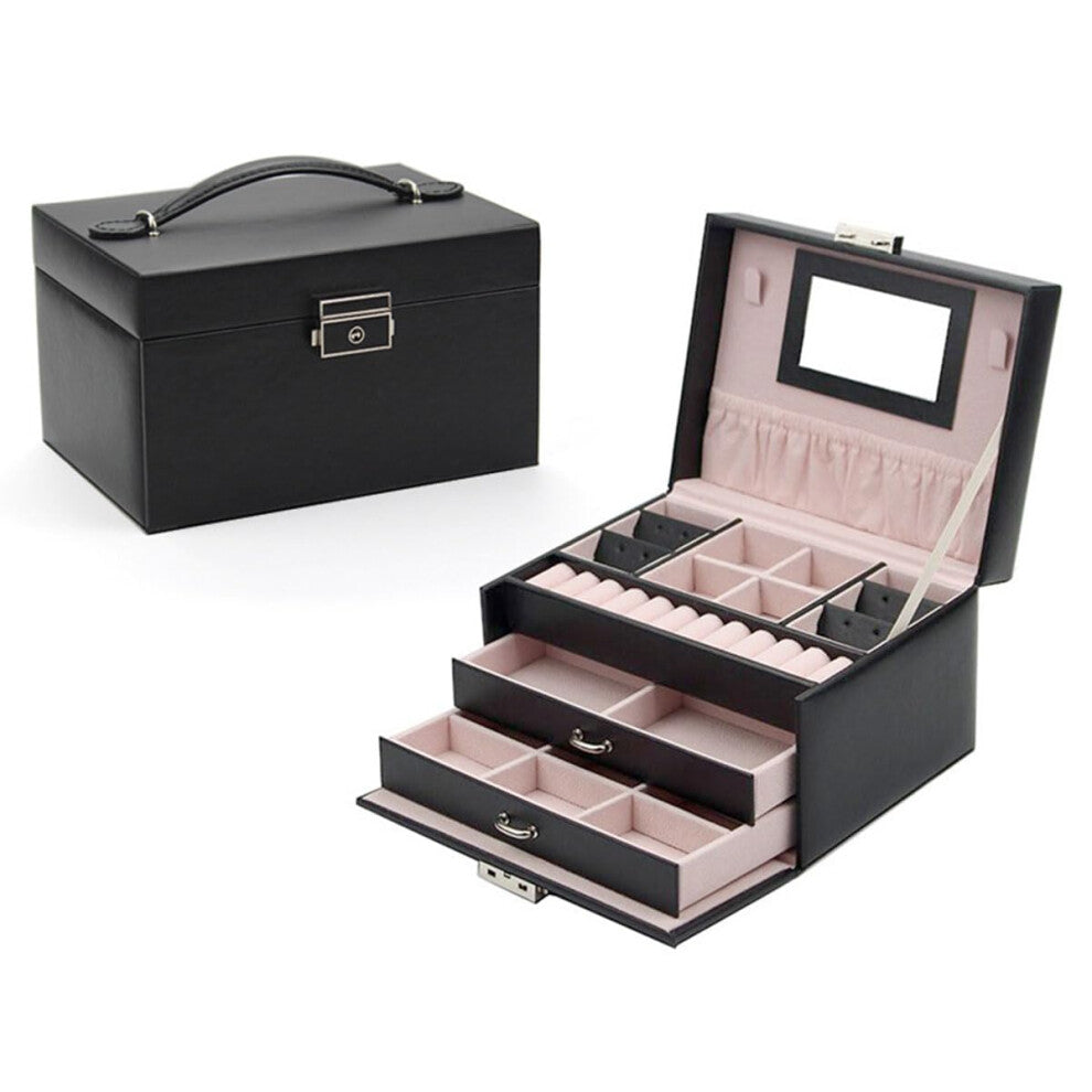 Mirrored Jewelry Box Large Organizer with Drawers Faux Leather Display Gift Black