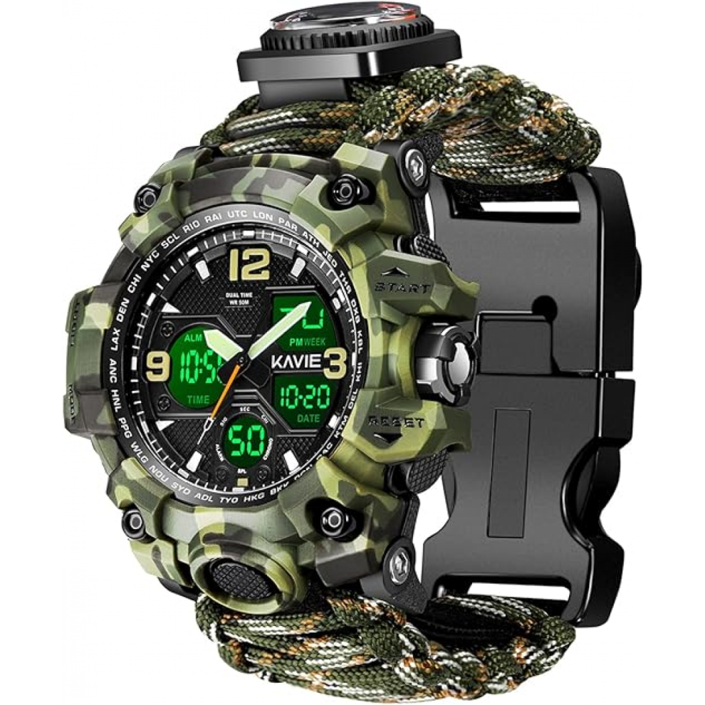 Mens Climbing Digital Watch Outdoor Waterproof Sports Watches Electronic Wristwatches with Compass Paracord Band