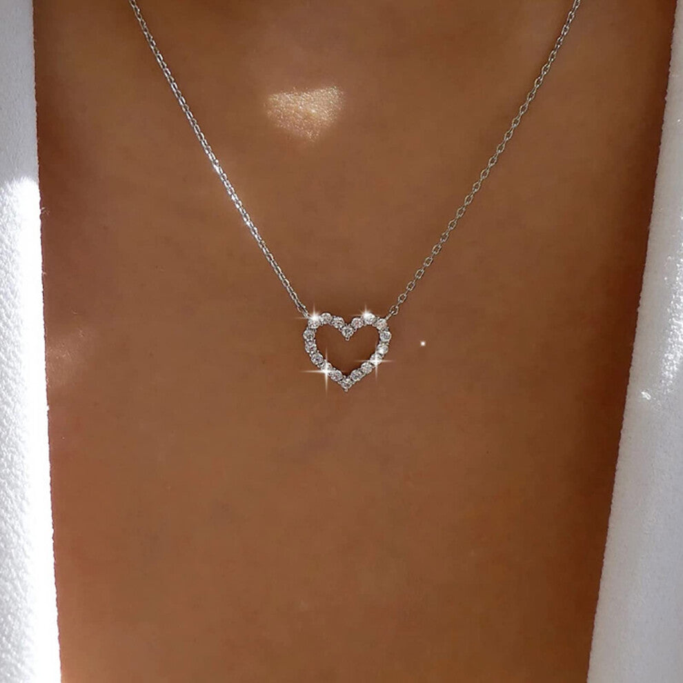 Tiny CZ Heart Pendant Necklace Silver Rhinestone Heart Choker Hollow Heart Necklace