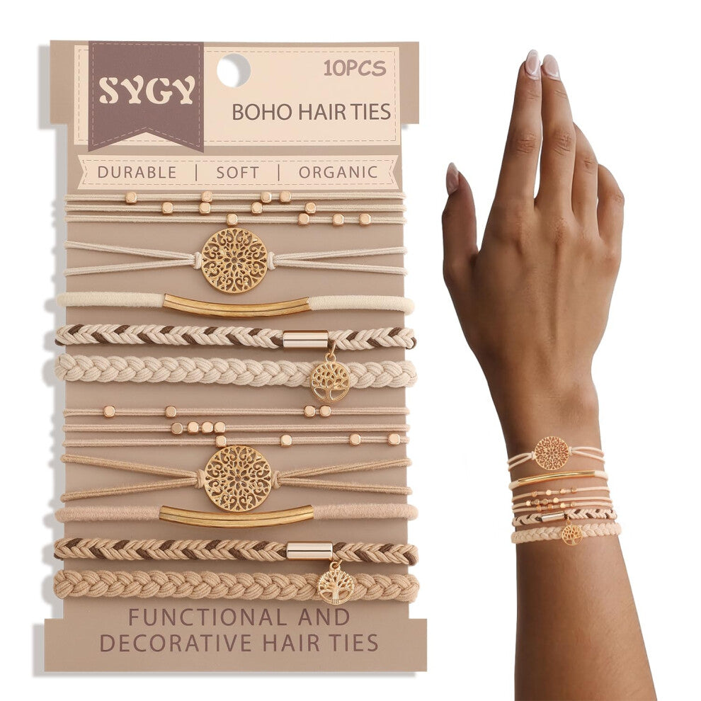 10 Boho Bracelets, Braided & Stretch Hair Ties for Thick-Thin Hair, 5 Styles, Light Coffee Colors - No Damage Ponytail Holders