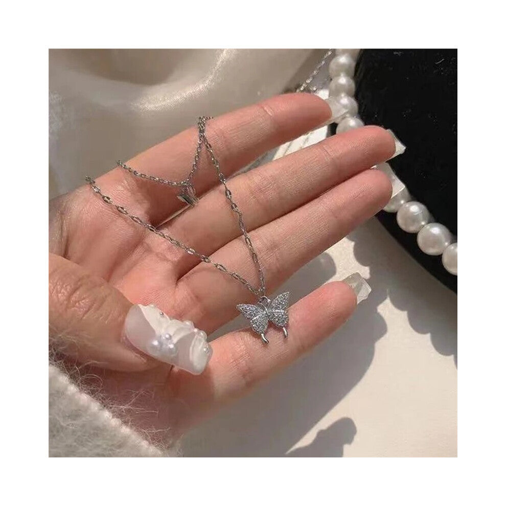 (N01 Silver) 2023 Simple Double Layer Star Moon Charm  Multilayered Necklace Delicate Clavicle Chain Zircon For Women Fashion Jewelry A0459