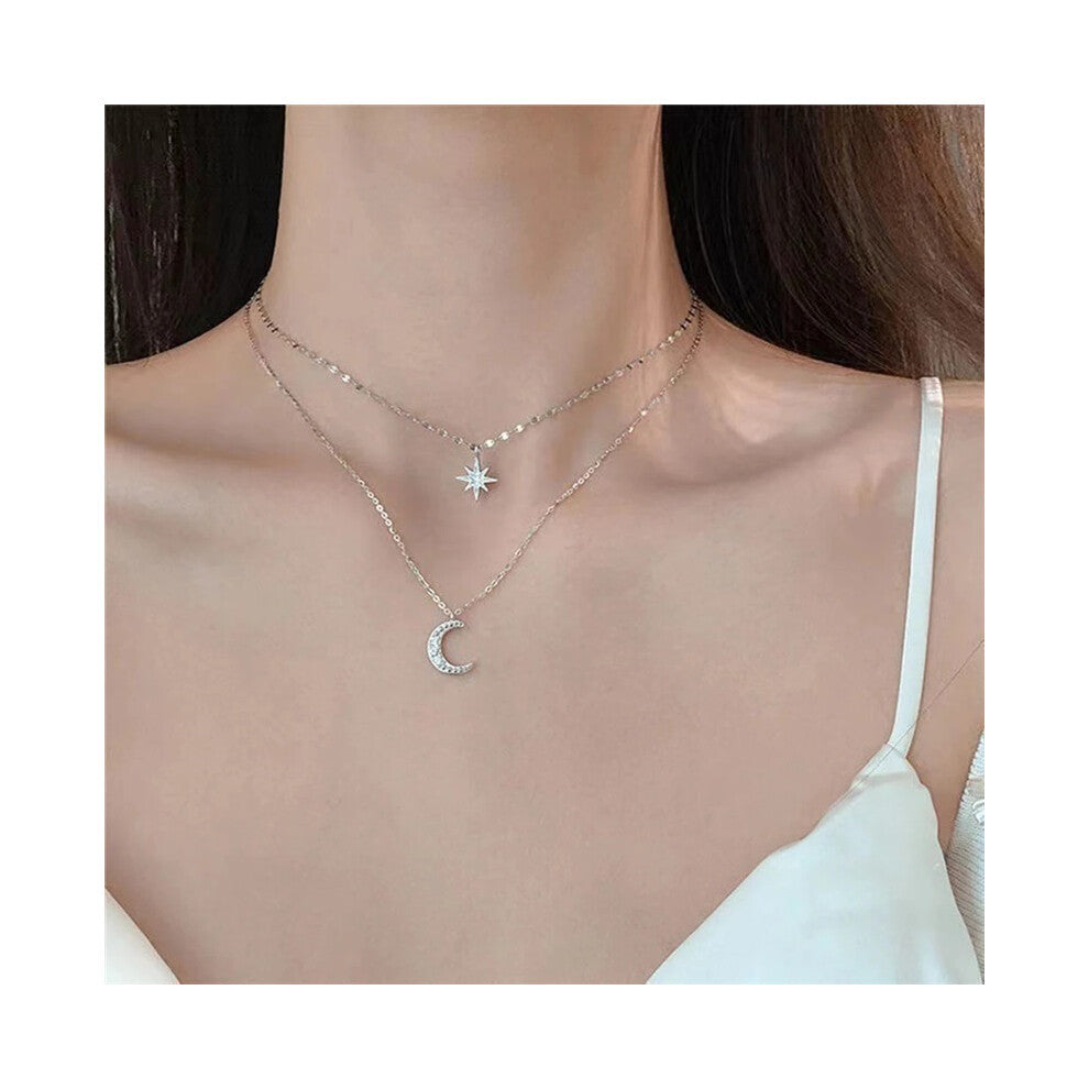 (N02 Silver) 2023 Simple Double Layer Star Moon Charm  Multilayered Necklace Delicate Clavicle Chain Zircon For Women Fashion Jewelry A0459