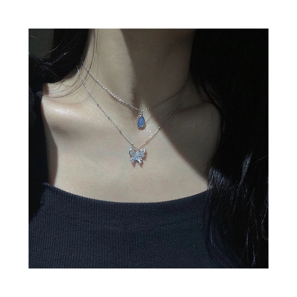 (N03 Silver) 2023 Simple Double Layer Star Moon Charm  Multilayered Necklace Delicate Clavicle Chain Zircon For Women Fashion Jewelry A0459