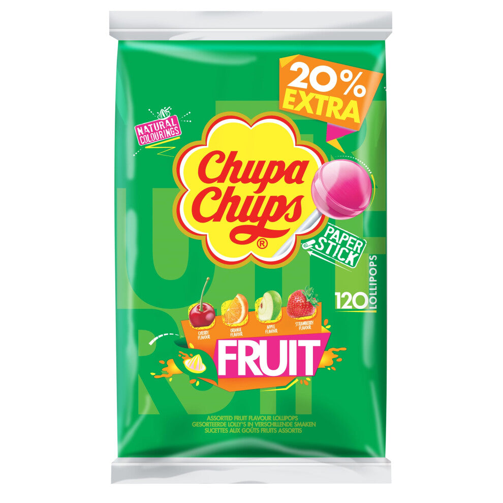 Chupa Chups Fruity Lollipop Bulk Bag, 4 Flavours Of Party Sweets With Natural Colourings, Suitable for Vegetarians - 120 Lollies
