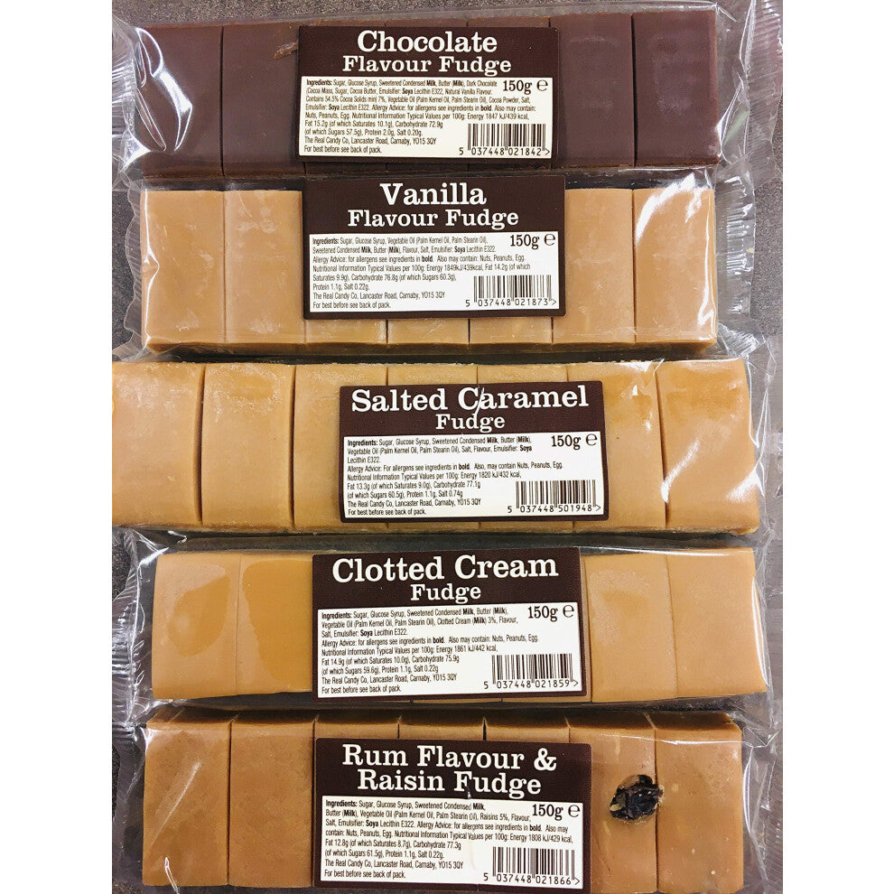 Fudge Bar Gift Set (5 Pack of 130g each) - Vanilla - Chocolate - Salted Caramel - Clotted Cream - Rum and Raisin