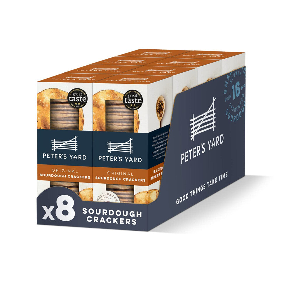 Peter's Yard Sourdough Crackers, Great with Chutney and Cheese, High Fibre, Natural Ingredients, Low Sugar, Pack of 8 x 90g Boxes