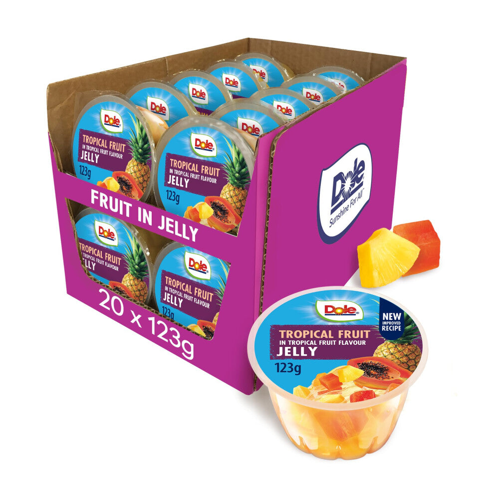 Dole Tropical Fruit in Jelly Fruit Pots 20 x 123g, Assorted Fruits, Healthy Snack, No Added Sugar Fruit Cocktail Bowls, Perfect for Breakfast &