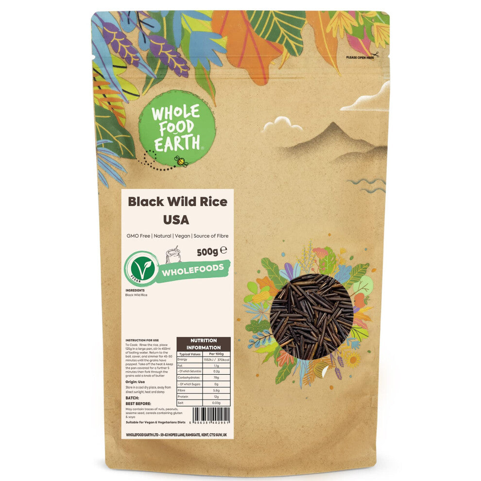 Wholefood Earth Black Wild Rice USA 500 g | GMO Free | Natural | Source of Fibre