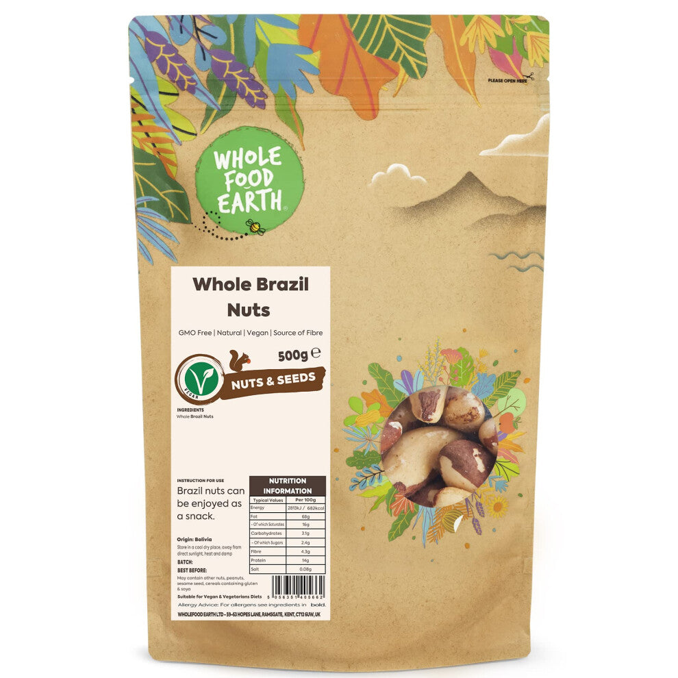 Wholefood Earth Whole Brazil Nuts 500 g | GMO Free | Natural | Source of Fibre