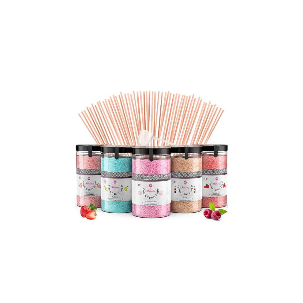 Misskandy?-Candy Floss Sugar Pack (5 * 300g) (Strawberry, Apple, Marshmallow, Cola, Raspberry) Use in Cotton Candy Maker + 50 Sticks of 30 cm (free)