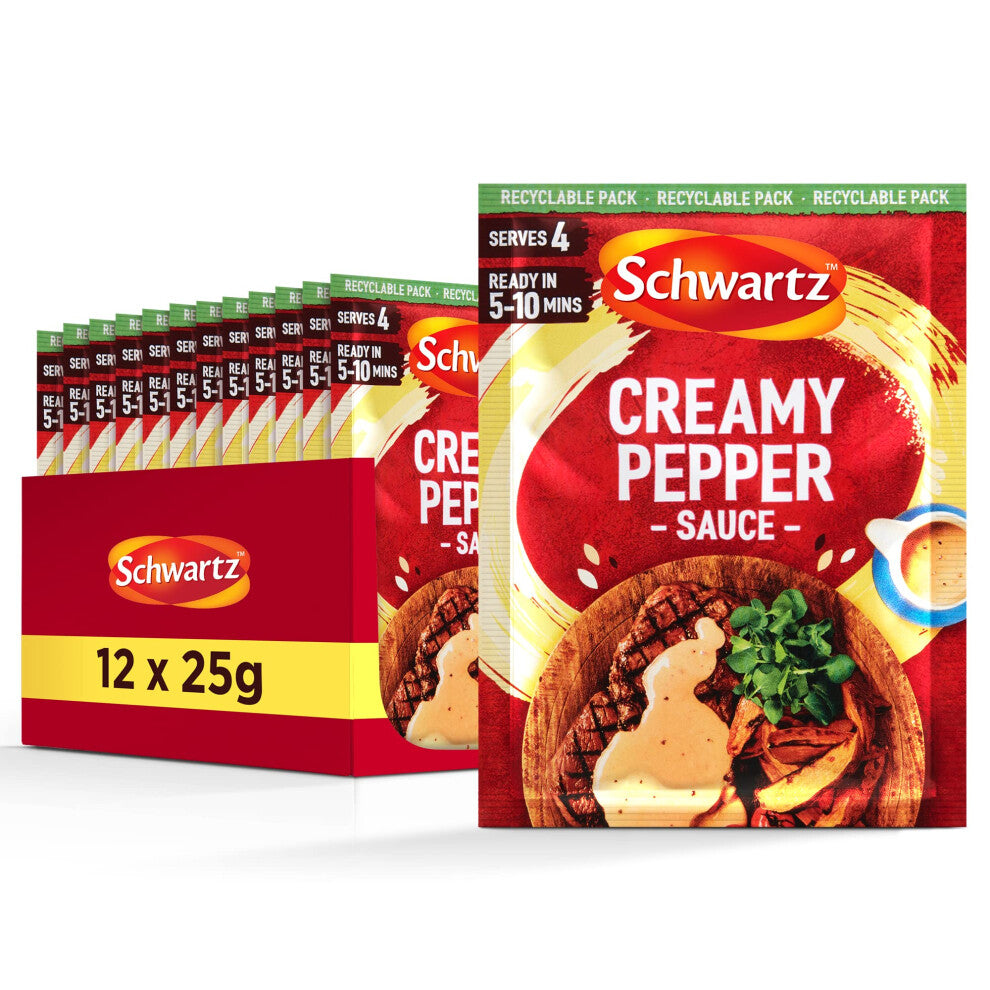 Schwartz Creamy Pepper Sauce 25 G | Serves 4 | Pack of 12 | Rich & Creamy Delicious Steak Sauce | With Aromatic Crushed Black and White Peppercorn |