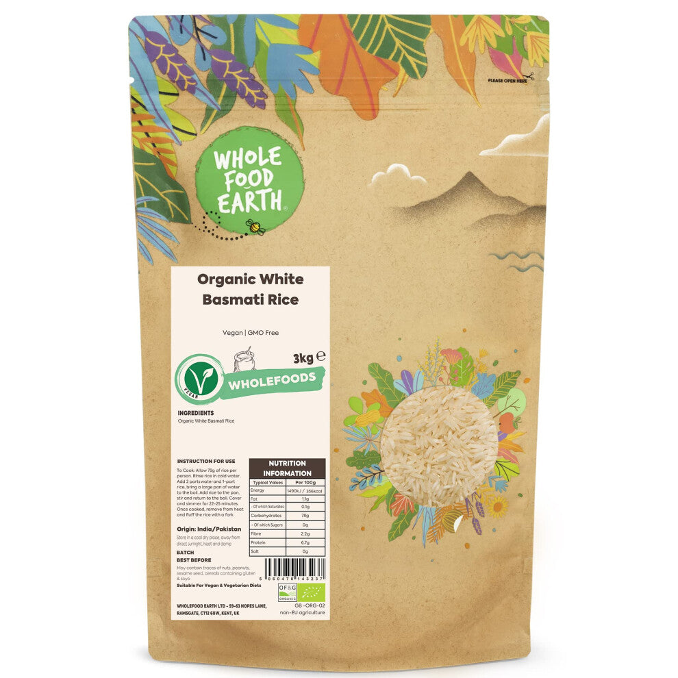 Wholefood Earth Organic White Basmati Rice 3kg Vegan | GMO Free | Certified Organic