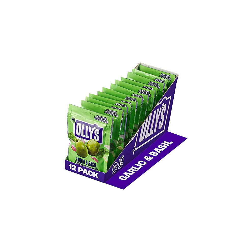 Olly's Olives, Garlic & Basil, 50g (Pack of 12), 100% Natural Ingredients, Handy Snack Pouches, Healthy Vegan Snacks, Low Calorie, Source of Fibre, No