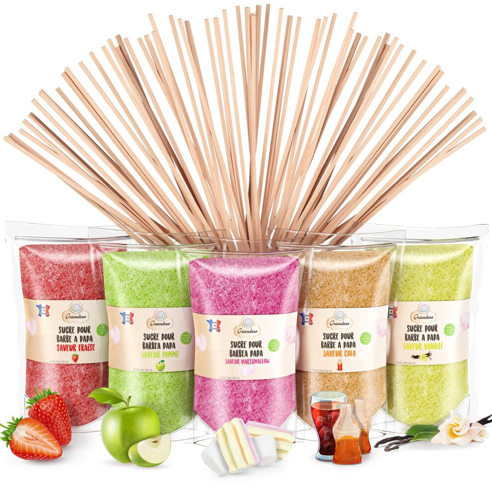 GREENDOSO? Candy Floss Sugar For Machine (5x160g) - Pack of 5 Flavours (Strawberry-Cola-Apple-Marshmallow-Vanilla) - Natural Colourings & Flavours -