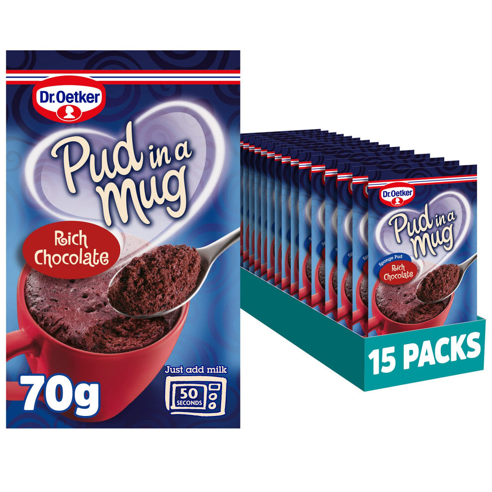 Dr. Oetker Rich Chocolate Pud in a Mug, 70g each, Pack of 15 - microwave pudding cake mixes for baking, suitable for kids bakes, store cupboard
