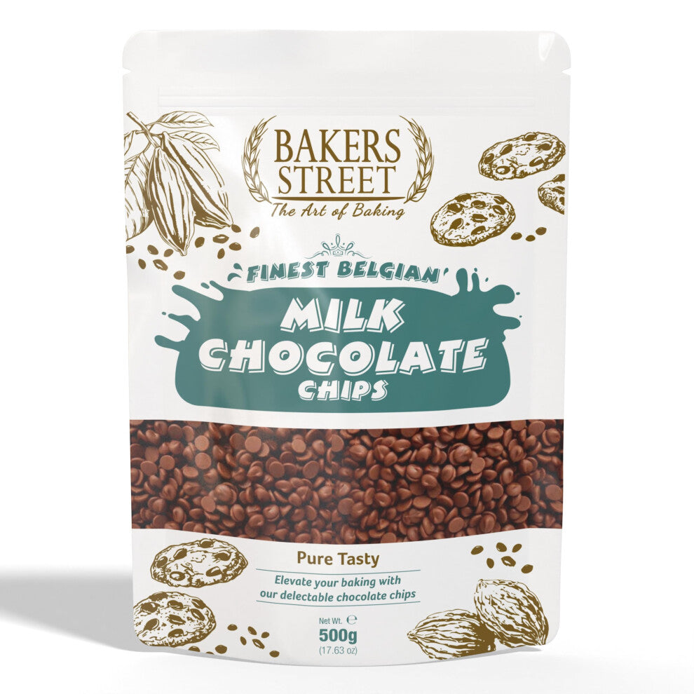 Bakers Street | Finest Belgian | Milk Chocolate Chips 500g | Premium Quality | Baking & Dessrets | Makeing Cake, Muffin and all of bakings