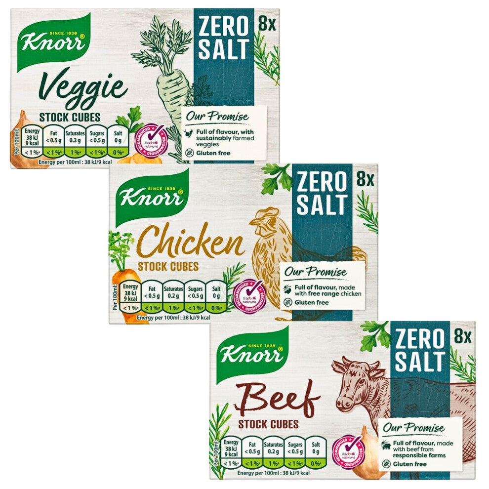 Zero Salt Knorr Stock Cubes Mixed Bundle of Beef Stock Cubes 72 g, Chicken Stock Cubes 72 g and Veg Stock Cubes 72 g