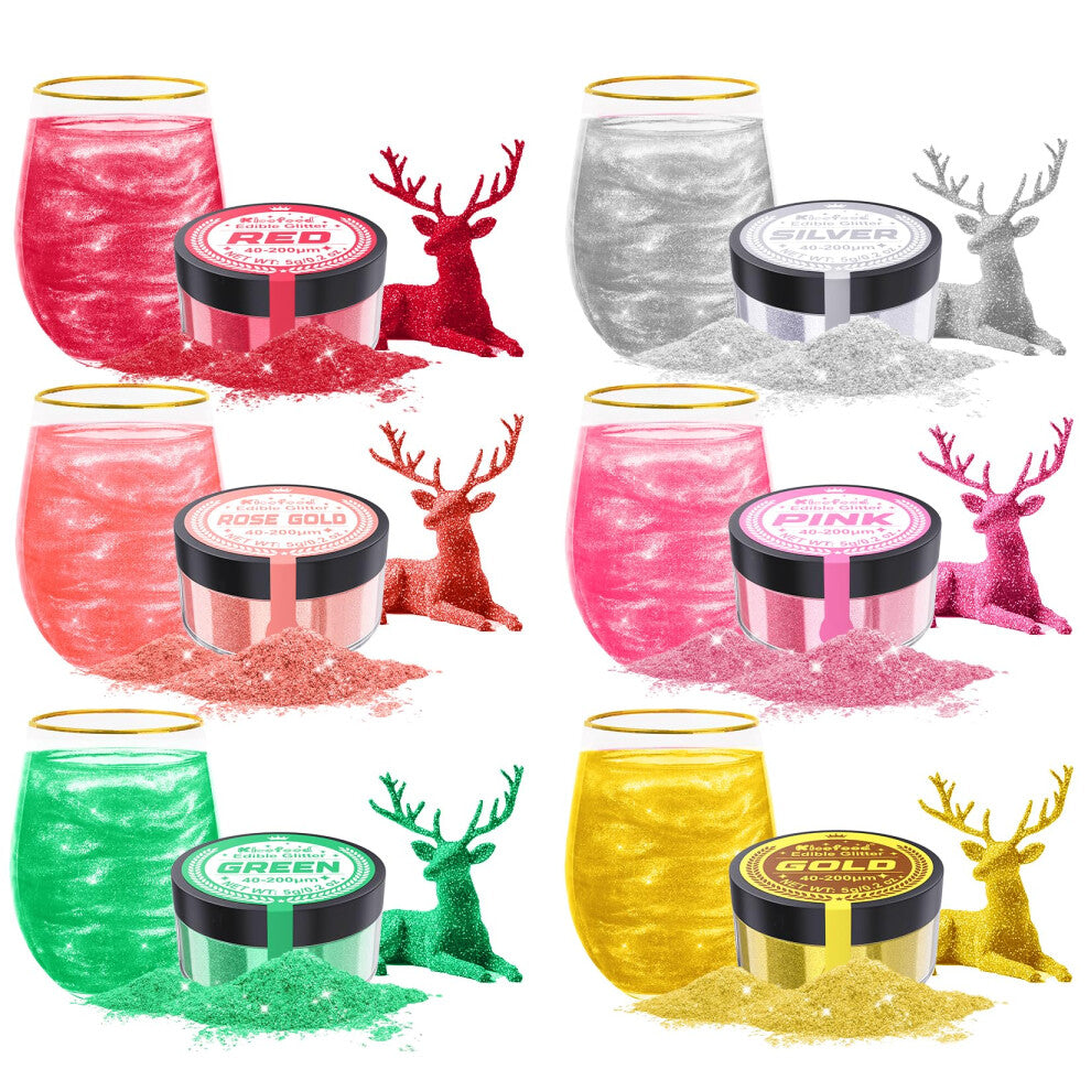 Edible Glitter - Kicofood 6 Colours Edible Cake Decorations, Gold Lustre Dust Edible for Drinks, Cocktails, Champagne, Sprite, Cake Glitter for