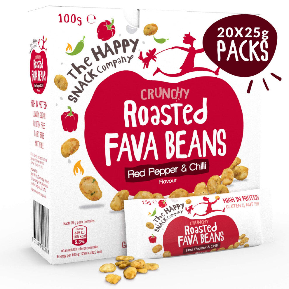 The Happy Snack Company Roasted Fava Beans, Red Pepper and Chilli Flavour Healthy Snacks, High Protein, Gluten Free Tasty Snacks, Vegan, 105 Calories,