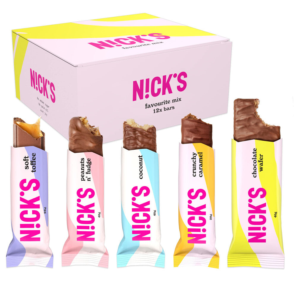 NICKS Chocolate bar Favourite Mix Variety Box, Keto Snack Bars No Added Sugar Gluten Free Candy Bars Low carb Sweets (12 x Chocolates)