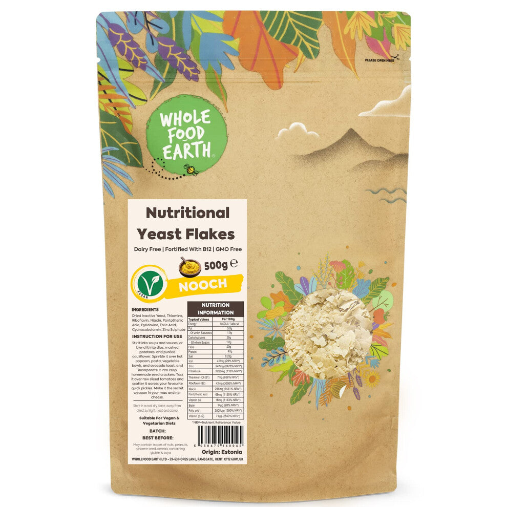 Wholefood Earth - Nutritional Yeast Flakes, 500 g - with B12, Dairy Free, GMO Free, Vegan
