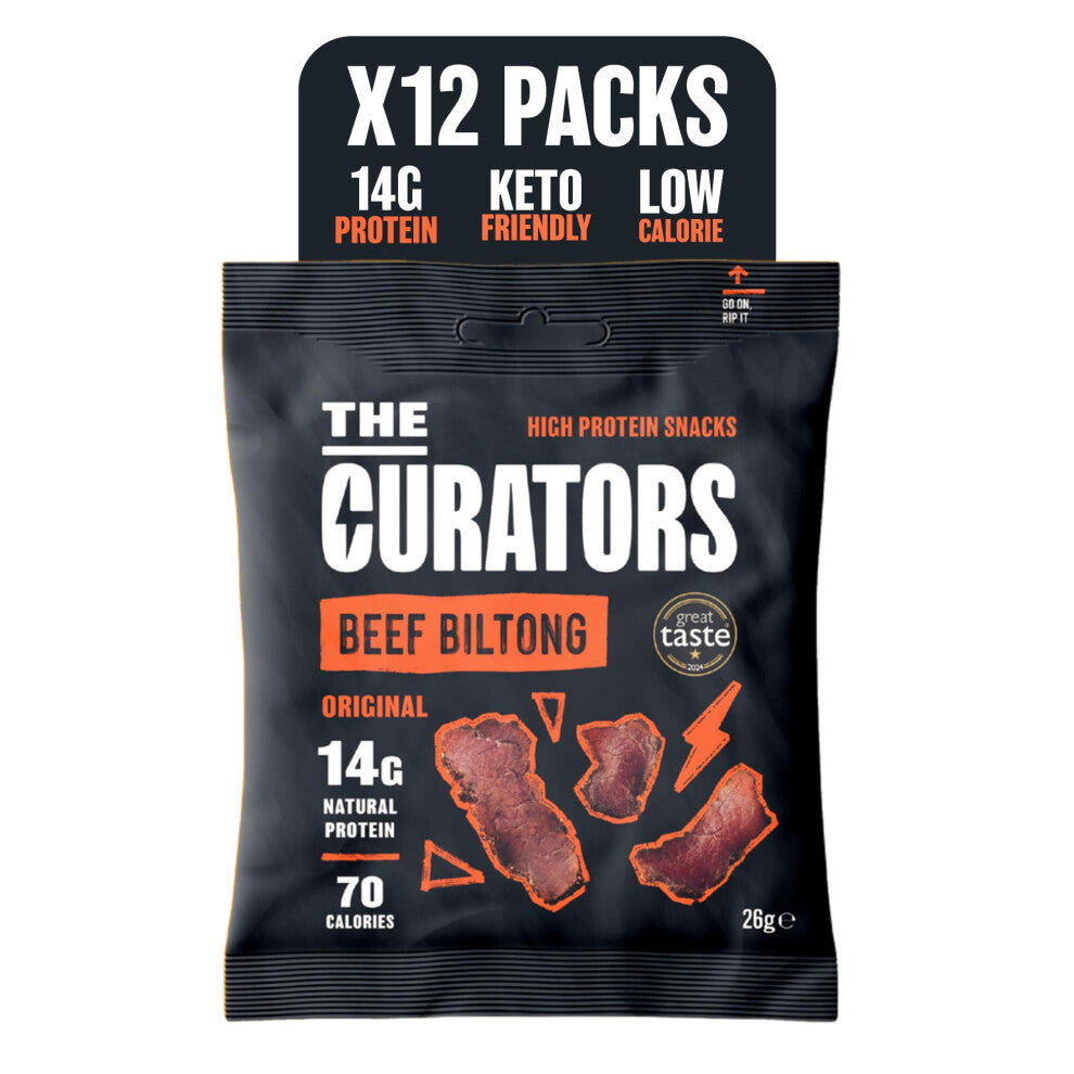 The Curators, Original Beef Biltong (12 X 26g pack), Umami, Savoury, Salty, High Protein, Low Carb, Low Calories, Gluten Free, Keto Savoury Snack