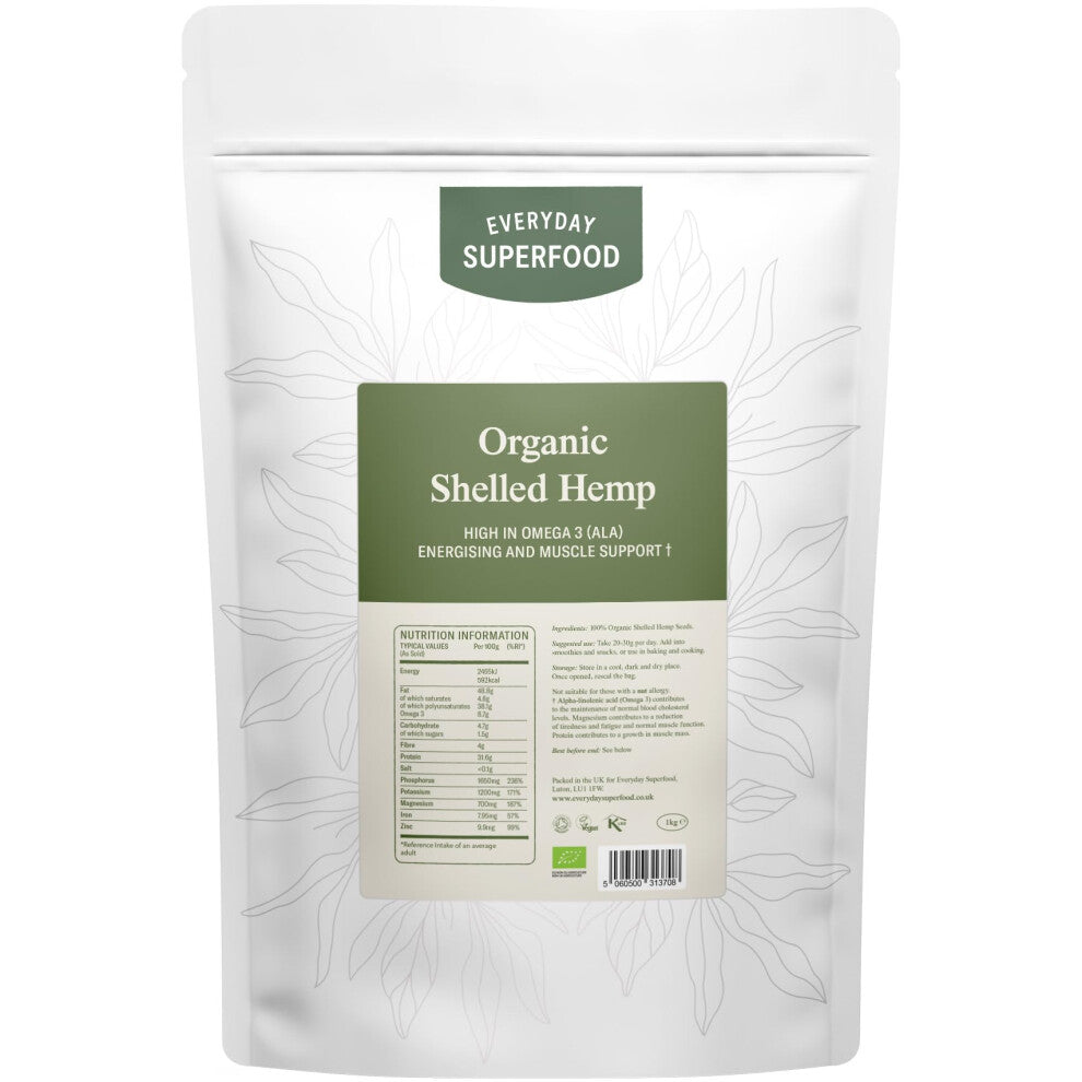 Everyday Superfood Organic Shelled Hemp 1kg, European Premium Hulled Hemp Seeds (Hemp Hearts)