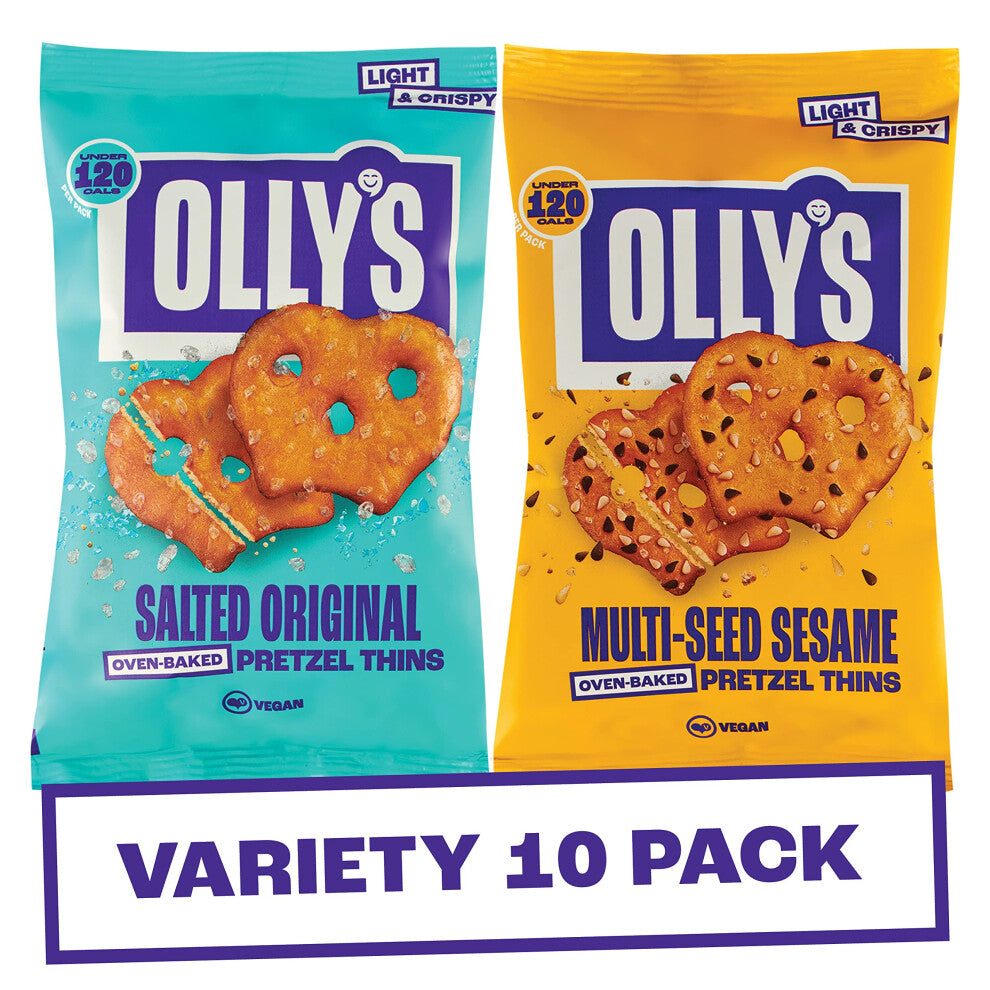 Olly's Pretzel Thins, Variety Pack, 35g (Pack of 10), Handy Snack Pouches, Healthy Plant-Based Vegan Snacks for Dipping, Low Calorie Snacks, Low Fat,