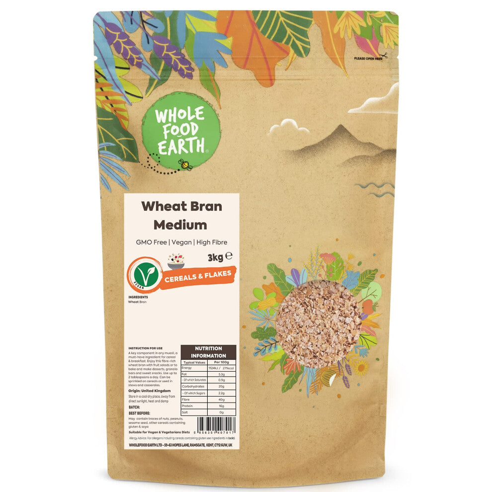 Wholefood Earth Wheat Bran Medium 3 kg, GMO Free, High Fibre